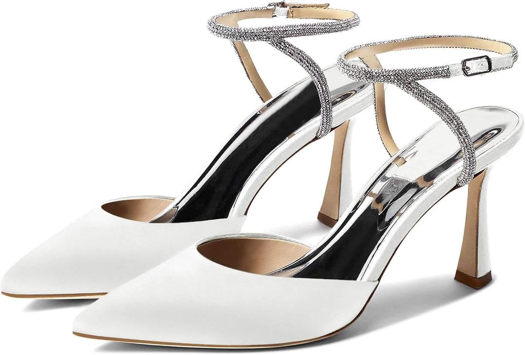 Coutgo Women Rhinestone Heels Kitten High Satin Pumps Pointed Toe Sparkly Sexy Wedding Dress Shoes (7.5, White)