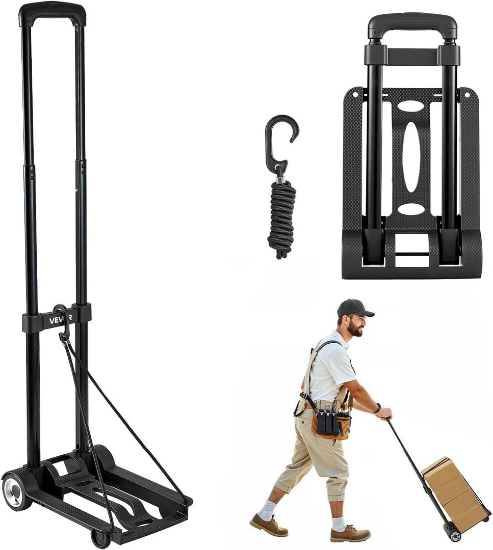 VEVOR Folding Hand Truck, 110 lbs Load Capacity, Collapsible Luggage Cart with 2 Wheels & 1 Elastic Rope, Utility Dolly Platform Cart for Airport Travel Furniture Luggage Office Moving, Black