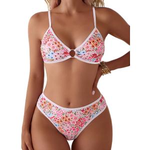Tainehs Women's Two Piece Bikini Sets O Ring Front Top Ditsy Floral Triangle Swimsuits Cheeky Bathing Suit, S