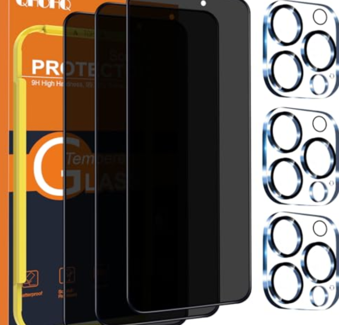 QHOHQ for iPhone 16 Pro Max Privacy Screen Protector + Camera Lens Protector, [Military Grade Shatterproof], Top 9H+ Anti Spy Glass, Full Edge Coverage, Ultra Durable,with Installation Tool [3+3 Pack]