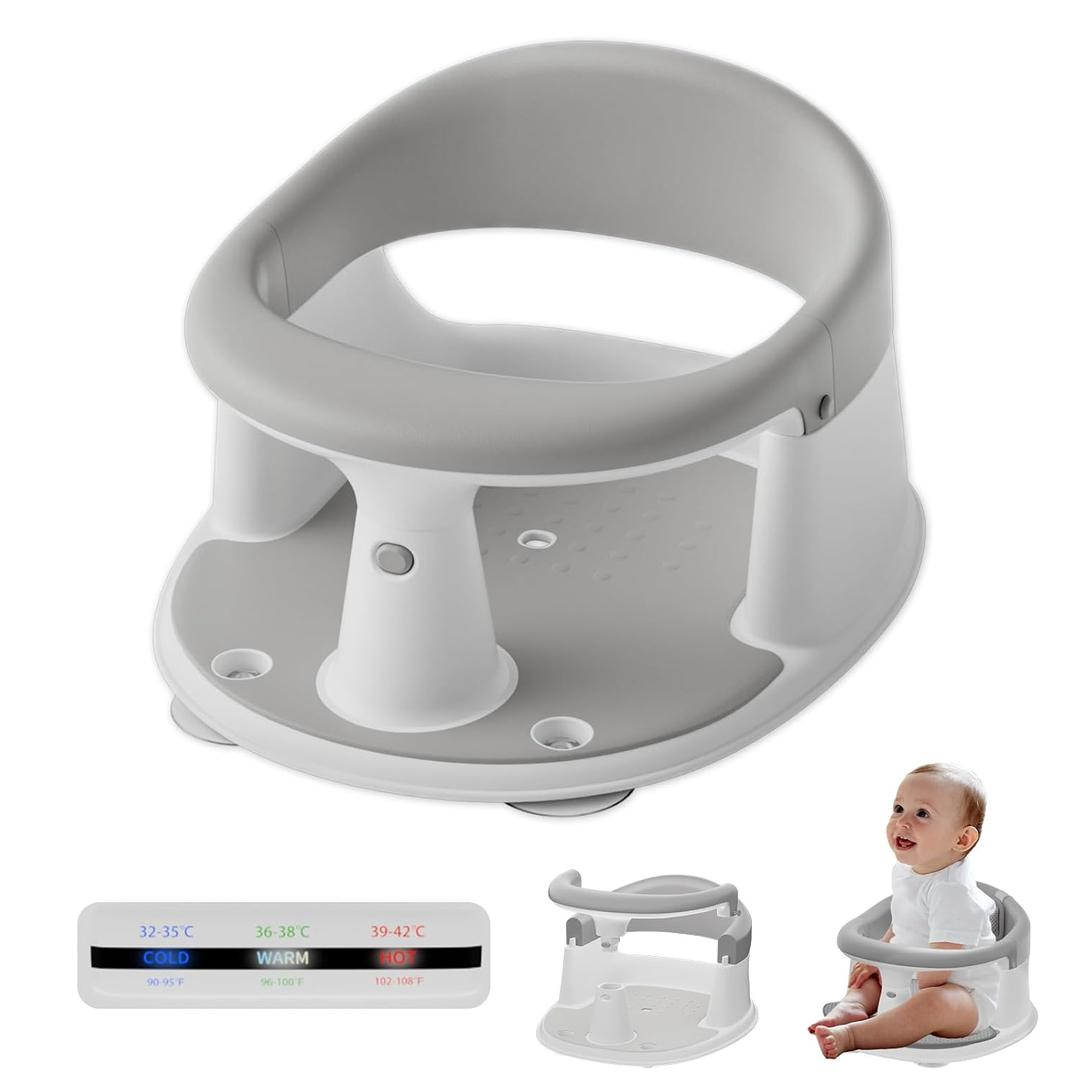 Baby Bath Seat for Babies 6 Months & Up - 360° Protection Baby Bath Chair with Temperature Alert & Cushion | Non-Slip Toddler Bathtub Seat | Newborn Infant Bath Tub Seats for Babies Sitting Up (Grey)