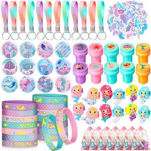 Capoda 122 Pcs Mermaid Party Favors for Girls Mermaid Theme Bracelets Keychains Pin Badges Stampers Rings Stickers Organza Bags for Piata Stuffers Goodie Bag Fillers Birthday Decorations Supplies