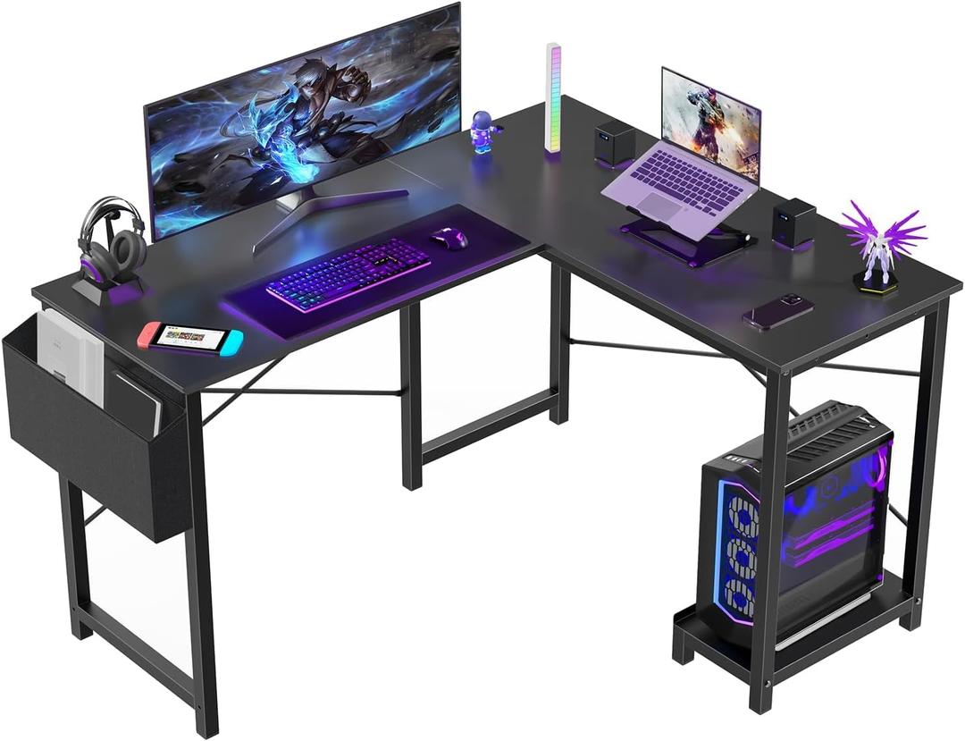 Sweetcrispy L Shaped Desk - Computer Gaming Corner Desk | PC Table Organizer with CPU Stand Side Bag for Home Office Dorm Sturdy, Writing Workstation, Black, 50-Inch