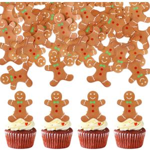 Ercadio 40 Pcs Edible Merry Christmas Cupcake Toppers Brown Gingerbread Man Cupcake Drink Topper Picks for Celebrating Merry Christmas Theme New Year Holiday Party Cake Decorations Supplies