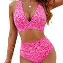 Blooming Jelly Women Embroidery Print High Waisted Bikini Sets V Neck Tummy Control Bathing Suit Two Piece Curvy Swimsuits, XL