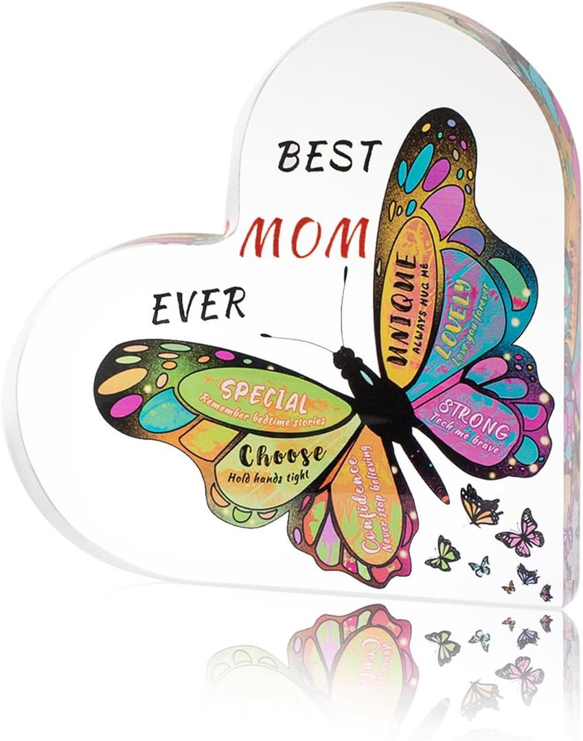 Gifts for Mom from Daughter Son,Butterfly Desk Decorations Best Mom EverMother Birthday Present for Mom Christmas Anniversary and Mothers Day Gifts, 5.9 x 5.9 x 0.6in