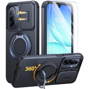 JAME for Samsung Galaxy A17/A16 5G Case, Ring Holder Stand, Slide Camera Cover, 2 Pack Screen Protectors, Dual-Layer Shockproof Protective, Magnetic Accessory Friendly Galaxy A16/A17 4G Case, Black