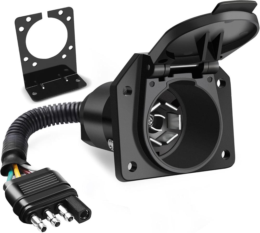 MICTUNING 4 Way Flat to 7 Way Round Blade Trailer Adapter Wiring Harness 4 Pin to 7 Pin Electrical Connect Wiring Plug Connector with Mounting Bracket for RV Truck Factory Tow Package