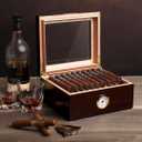 Mantello Cigars Cigar Humidors, Humidor Cigar Box- Gifts for Men, Ebony Wood, Glass-Top Cigar Humidor, Cigar Humidor Box with Hygrometer, Cedar Divider, Humidity Packets Holder, Cigar Box, Holds 25-50