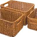 GIB Woven Storage Baskets for Organizing, Plastic Wicker Storage Baskets for Shelves, Waterproof Rectangular Storage Bins Organizers for Closet Pantry Table, Set of 3, Brown