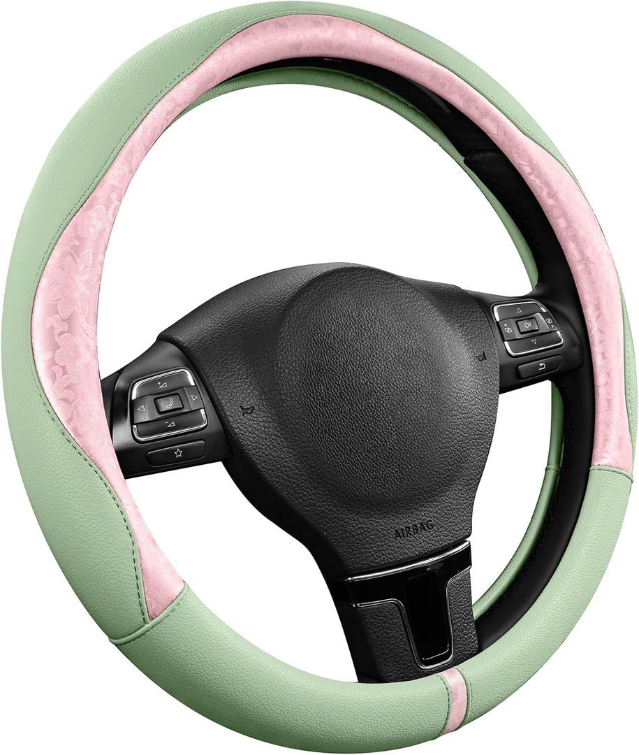 PIC AUTO Steering Wheel Cover, Pink Patterned & Green Leather Patchwork Design, Universal Fit 14.5"15.5", Anti-Slip, Odor-Free, Soft PU Grain Leather, Durable Grip Car Accessory for Girls & Women