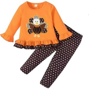 Noubeau Toddler Baby Girl Thanksgiving Outfits Cute Turkey Ruffled Shirt Flared Sleeves Top Polka Dot Pants (Orange)