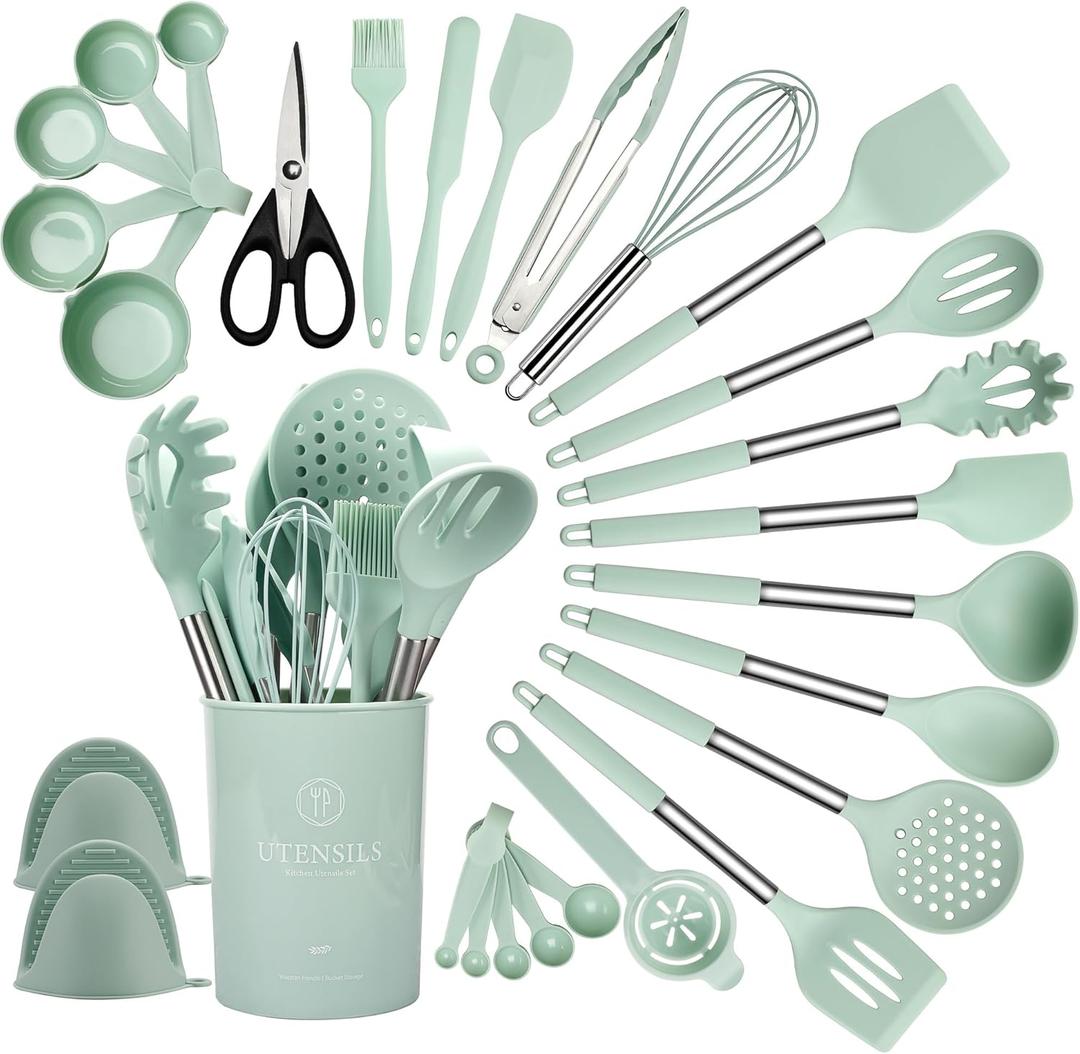 QMVESS Silicone Cooking Utensils Set, 28 Pcs Non-Stick Kitchen Utensils Set with Holder, 446F Heat Resistant Spatula, Tongs, Spoons Set with Stainless Steel Handle Kitchen Gadgets (Light Green)