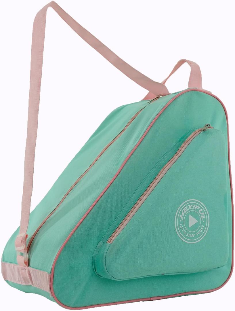 HEXIFUL Skate Bag to Carry Ice Skates, Inline Skates, Roller Skates and Quad Skates for Both Kids and Adults (Mint/ Pink)
