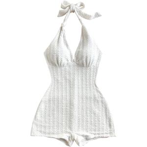 MakeMeChic Women's Halter Short Rompers Summer One Piece Jumpsuits Backless Shapewear (Large, White)