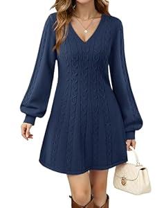 VAFOLY Womens V Neck Long Sleeve Cable Knit Fall Dresses Elegant Babydoll Sweater Dress (Navy, Size Small)