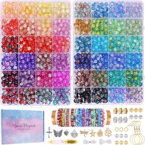 1800PCS 8mm Crackle Glass Beads Bracelet Making Kit, 48 Colors Glass Beads for Jewelry Making, Round Crystal Beads for Bracelets, Friendship Bracelet kit for DIY Crafts Gifts, 2 Box (Crackle Colors)