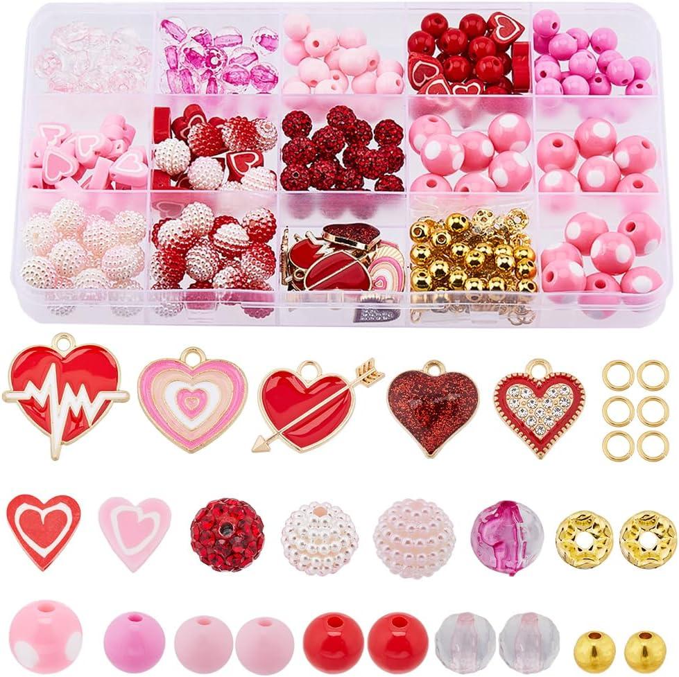SUNNYCLUE 1 Box Valentine's Day Beads Heart Shaped Love Beads 8mm Round Red Pink Acrylic Beads Rhinestone Bead Bulk Spacer Beads Beading Kit Valentine Heart Charms for Jewelry Making Kits