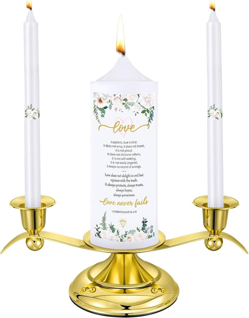 Landhoow 3 Unity Floral Candles for Wedding Ceremony Set with Golden Holder White Pillar and Taper Candles Religious Wedding Catholic Anniversary Big Events Gifts for Couple