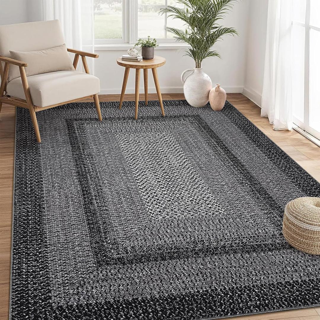 RUGSREAL Washable Rugs 5x7 Living Room Boho Throw Rug Stain Resistant Braided Print Border Large Carpet for Bedroom with Rubber Backing Low Pile Farmhouse Rustic Rug for Home Decor Office, Black