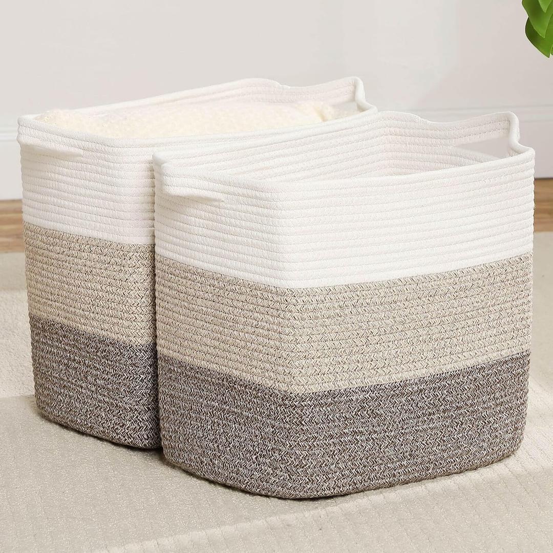 Storage Baskets for Clothes Fabric Cotton Rope Storage Basket with Handles, Decorative Woven Basket for Living Room,Closet Organizer Blankets, and 2bags (Gradient Brown, L14W11H14)
