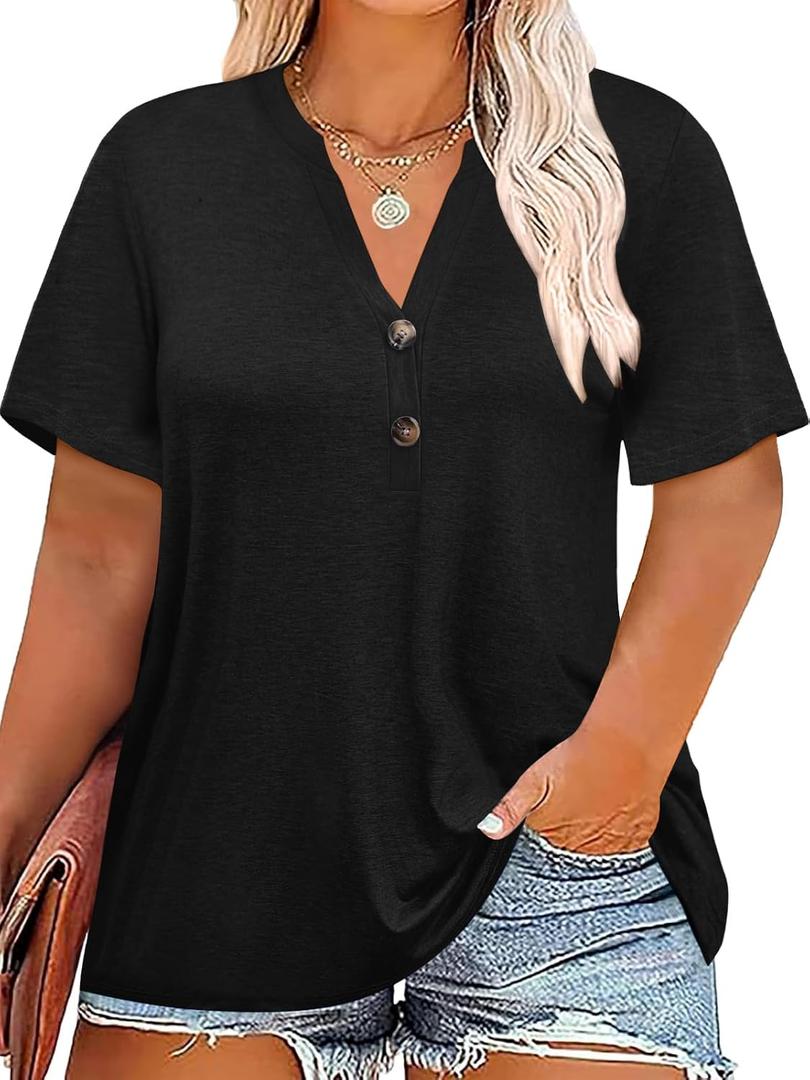 Chulianyouhuo Plus Size Tops for Women Summer V Neck Short Sleeve Tee Shirts Henley Button Casual Loose Fit Blouse, 3X