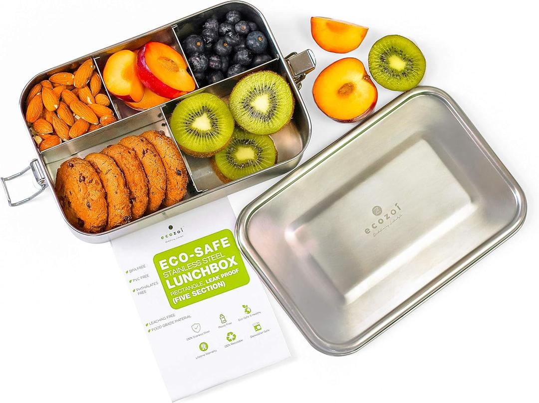 Stainless Steel Lunch Box, 1-Tier Metal Bento Box Leak Proof with 5 Compartments, 50 Oz Metal Lunch Container, Meal Prep Food Container, with 50 ml Sauce Container