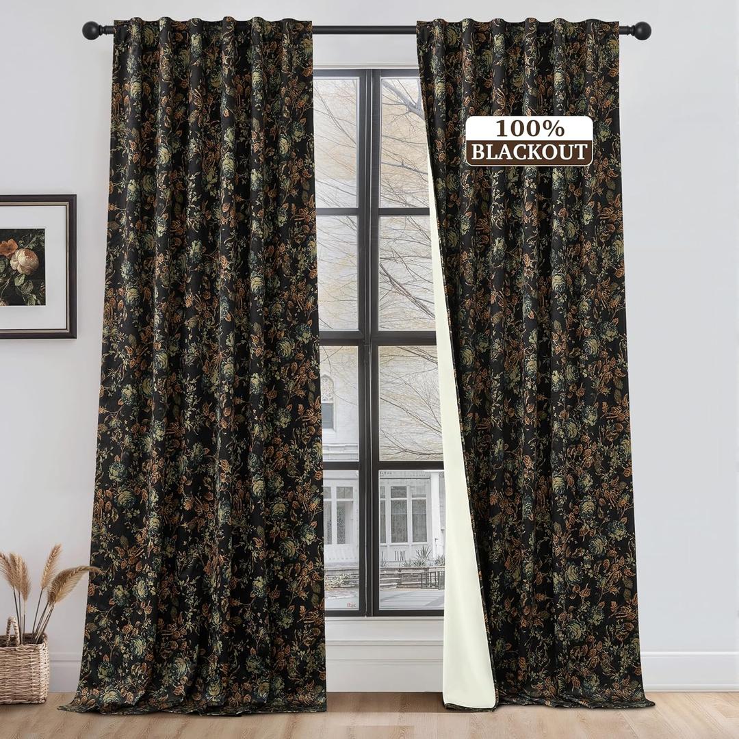 StangH 100% Blackout Floral Curtains for Living Room, Super Soft Rose Patterned Black Velvet Drapes Energy Efficient Back Tab Luxury Panels for Home Office Nursery, W52 x L90, 2 Panels
