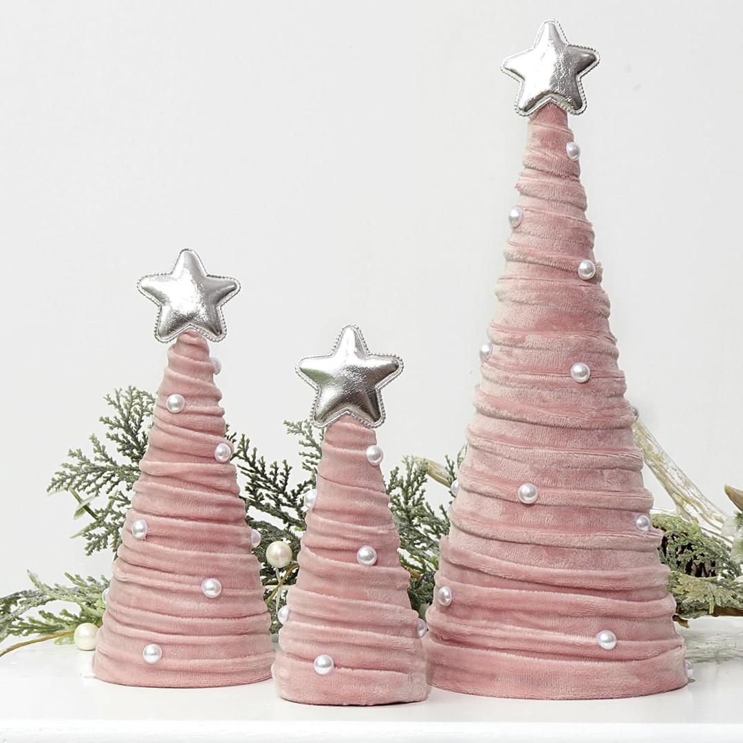 Bunny Chorus Christmas Decorations Indoor, 3Pcs Pink Velvet Cone Trees With Pearls, Table Decor for Xmas New Year Winter Holiday Home Decor