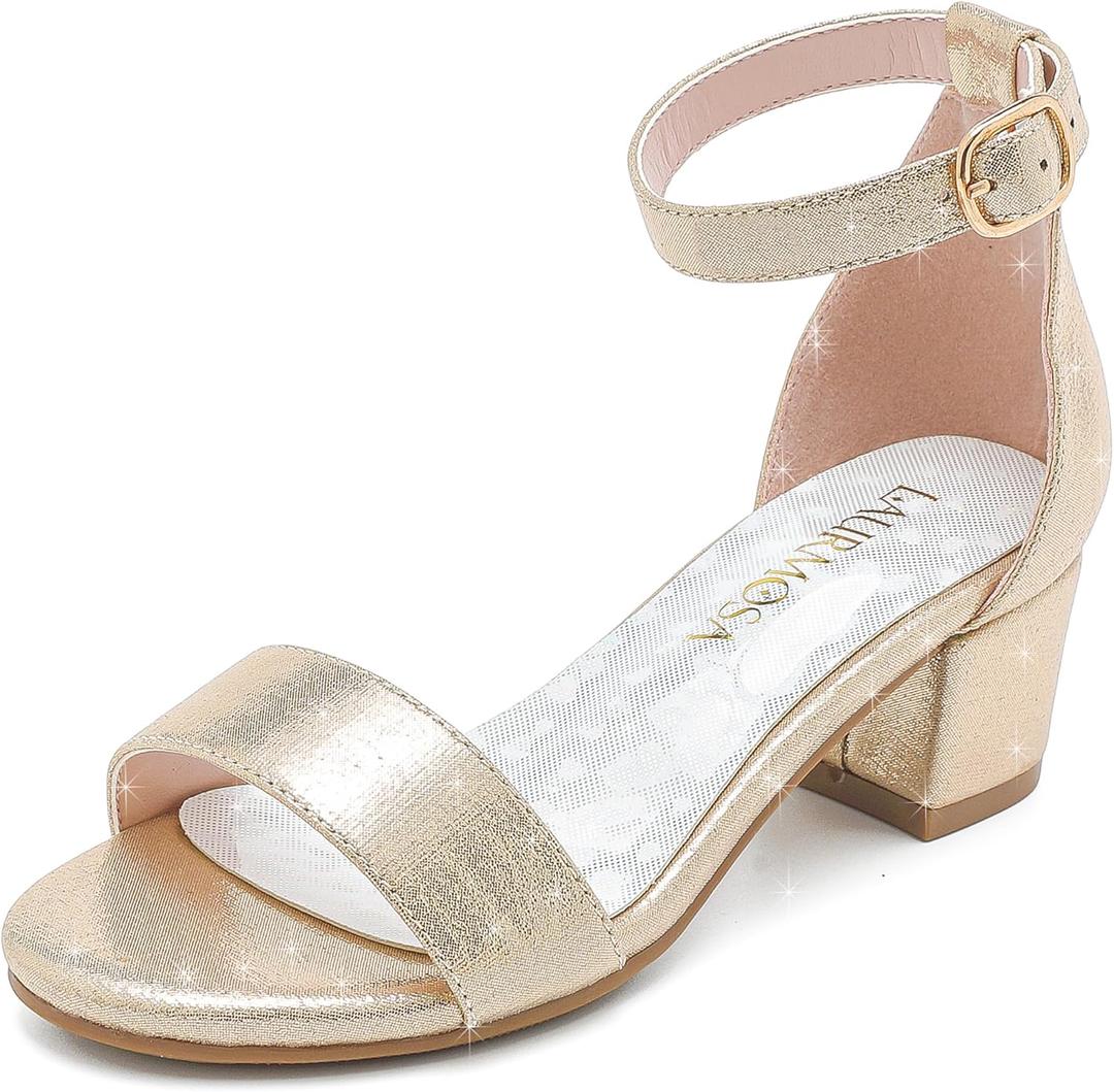 Girls High Heels Sandal for Girls Open Toe Ankle Buckle Strap Dress Shoes for Little Big Kids in Wedding Party Block Chunky Pump Sandals (Honorable Pearl Gold), Size 2