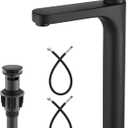 Heyalan Vessel Sink Bathroom Tall Faucet One Hole Single Handle Basin Mixer Tap Lavatory Vanity Brass Pop Up Drain Included Deck Mount Modern Tall Bathroom Faucet,Matte Black