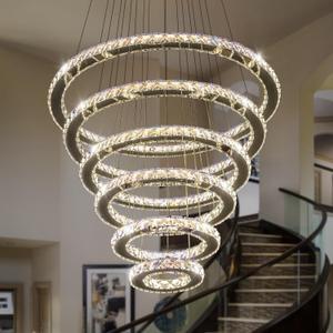 Dimmable Crystal LED Chandelier(3000-6500K) for High Ceiling  Remote Control, Adjustable Height, Modern Stainless Steel Fixture for Foyer, Staircase, Living Room(Chrome 6-Ring)