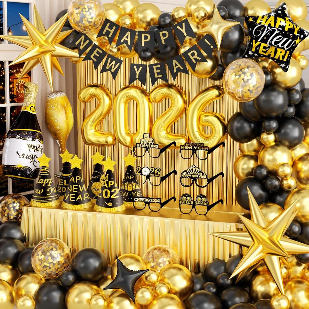 New Years Decorations 2026 Eve Party Supplies with Glasses Hats Black Gold Confetti Balloons 2026 Number Balloons New Year Banner Gold Fringe Curtain Backdrop for Nye Decorations