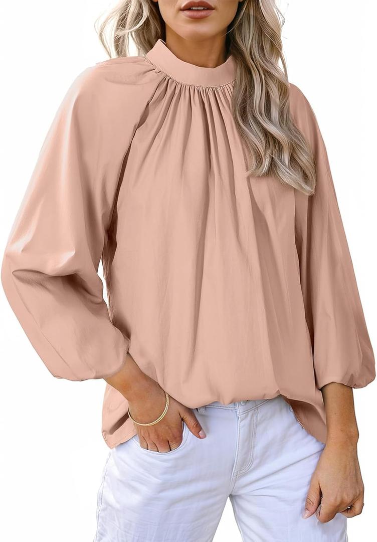 Astylish Women's Long Puff Sleeve Tops Ruffle Dressy High Mock Neck Blouse Shirt (XX-Large, Light Pink)