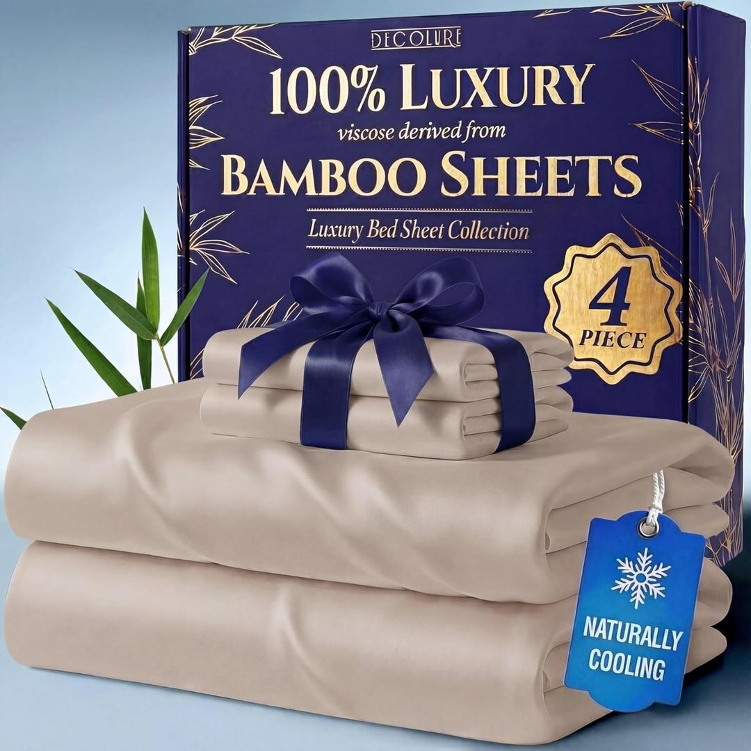 DECOLURE 100% Viscose Derived from Bamboo Sheets Queen Size - Luxury 4 Pc Naturally Cooling Sheets, Ultra Soft Bed Set - Deep 17" Pockets, Durable Double Stitching, Oeko Tex Standard (Taupe)