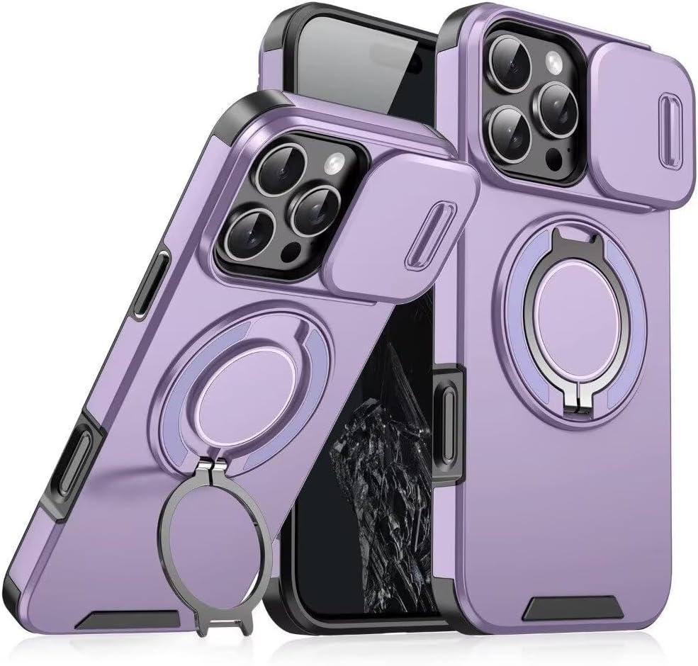 Magnetic Series Designed for iPhone 15 Pro Max Case, Rugged 360 Rotatable Ring with Invisible Holder Stand, Compatible with magsafe, Slide Camera Cover& Military Grade Protection, Purple