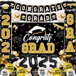 Gold Graduation Party Decorations Set - Class of 2025, Includes Congrats Grad Banner, Backdrop, 2025 Foil Balloons, Latex Balloons & More