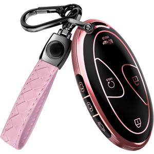 Lucrum Compatible with Hyundai Key Fob Cover & Leather Keychain, Keyfob Case for Santa Fe, Sonata, Tucson, Grandeur, Ioniq 6, KONA, Elantra - For 7 Button Remote (2022-2025) - Pink and Black
