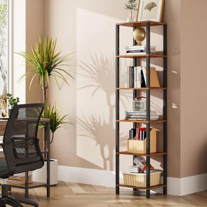 TUTOTAK Bookshelf, 6-Tier Tall Book Shelf, Narrow Bookcase for Small Space, DIY Stackable Bookshelf, for Living Room, Office, Study, Entryway, Industrial, Rustic Brown BS01BB006