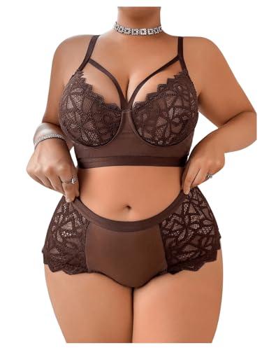 SOLY HUX Women's Plus Size Sheer Lace Lingerie Wireless Bra and Panty 2 Piece Underwear Set Coffee Brown 3X-Large Plus