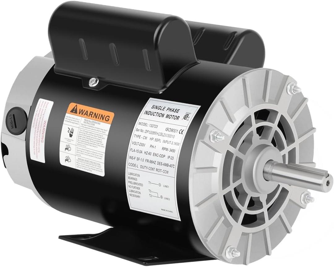 5HP SPL Air Compressor Electric Motor, 3450 RPM Air Compressor Motor, 230V Single Phase Motor, 56HZ Frame 7/8" Keyed Shaft for Air Compressor