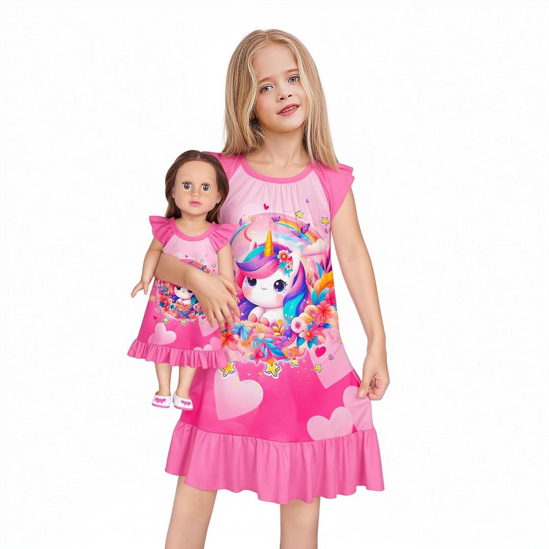 LQSZ Matching Doll and Girls Nightgowns Pink Unicorn Princess Flutter Short Sleeves Nightie Pajamas for Girls & 18" Dolls Clothes 3 4t LQSZ Matching Doll and Girls Nightgowns Pink Unicorn Princess Flutter Short Sleeves Nightie Pajamas for Girls & 18" Dolls Clothes 3 4t