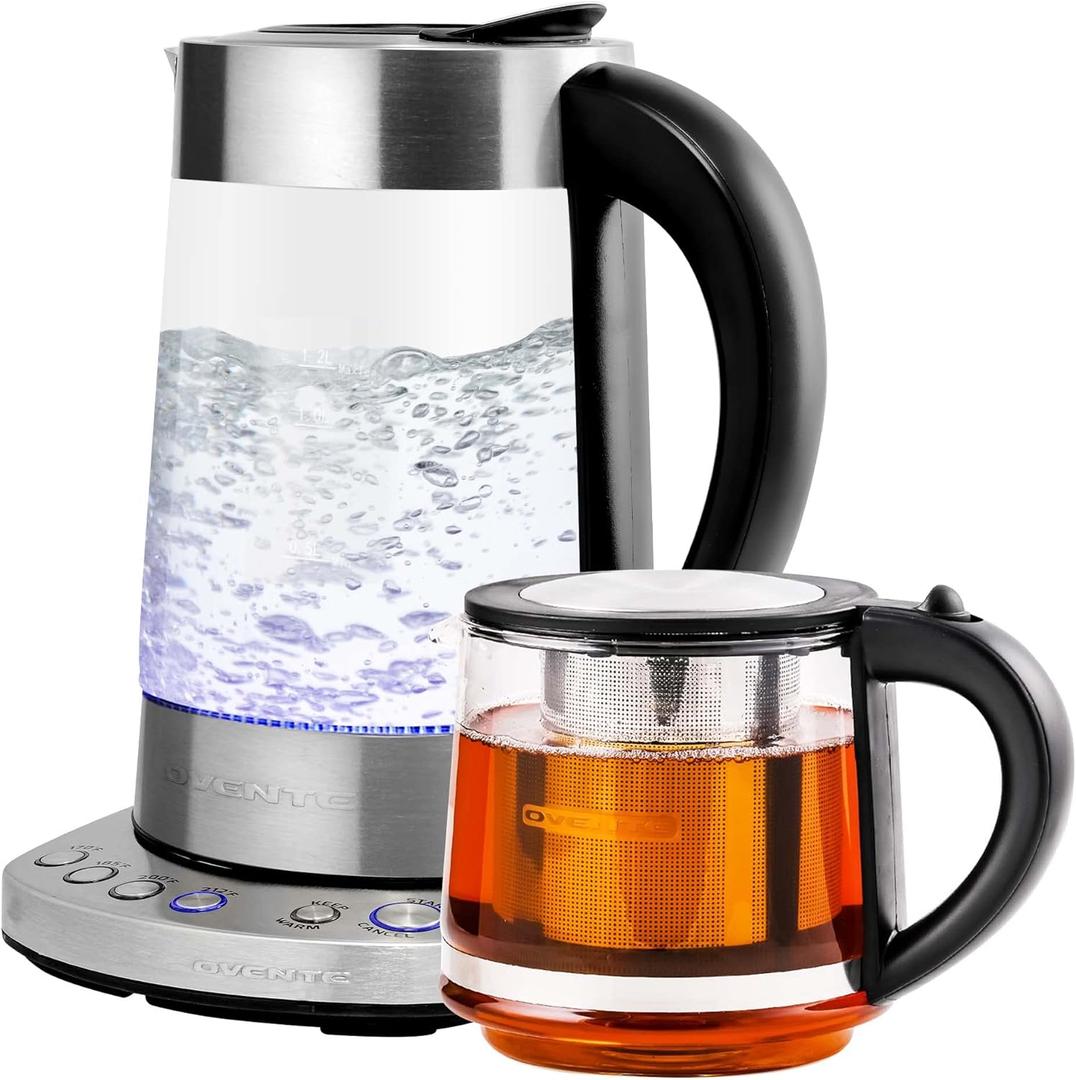 OVENTE 1.7L Electric Kettle and Tea Maker Pot Combo, 1500W BPA Free Water Boiler and Heater with 27oz Borosilicate Glass Teapot, Removable Stainless Steel Infuser for Brewing, Silver KG612S + FGK27B