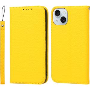 iCoverCase Compatible with iPhone 15 Wallet Case with Credit Card Holder and Wrist Strap, RFID Blocking Genuine Leather Flip Magnetic Cell Phone Cover Case 6.1 Inch (Yellow)