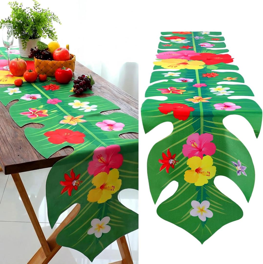 Hahafelt 8.8 Ft Artificial Palm Leaves Table Runner Tropical Palm Leaves Table Runner Hawaiian Faux Leaf Hibiscus Tablecloth for Hawaiian Wedding Jungle Summer Party Tropical Baby Shower Decorations