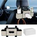 Car Back Seat Organizer with Tissue, Car Seat Back Tissue Box and Storage Hook, Multifunctional Car Organizer for Hold Phone,Drinks,Handbag,Compatible with Most Vehicles (Beige)
