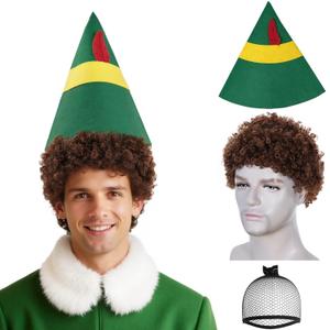 JoneTing Christmas The Elf Wig+Hair Cap with HatShort Brown Curly Wigs for Men Afro Wigs Hat Brown Afro Hairs 70s Disco Costume Hair for Halloween Christmas Cosplay Party Costume Outfit Accessories