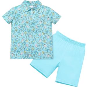 IMEKIS Toddler Kids Boys Back to School Outfit Buttons Shirt Top with Shorts Pencil Print Kindergarten Clothes 2-8T (5-6 Years, Aqua Book)