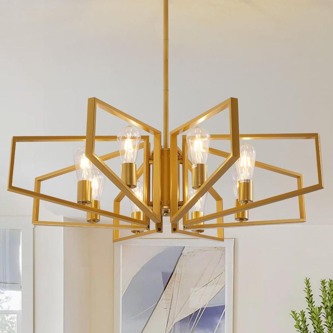 Gold Chandelier, 8-Light Farmhouse Dining Room Light Fixture, Geometric Pendant Lights Kitchen Island, Modern Industrial Chandelier for Living Room, Bedroom, Foyer, Stairway, Entryway