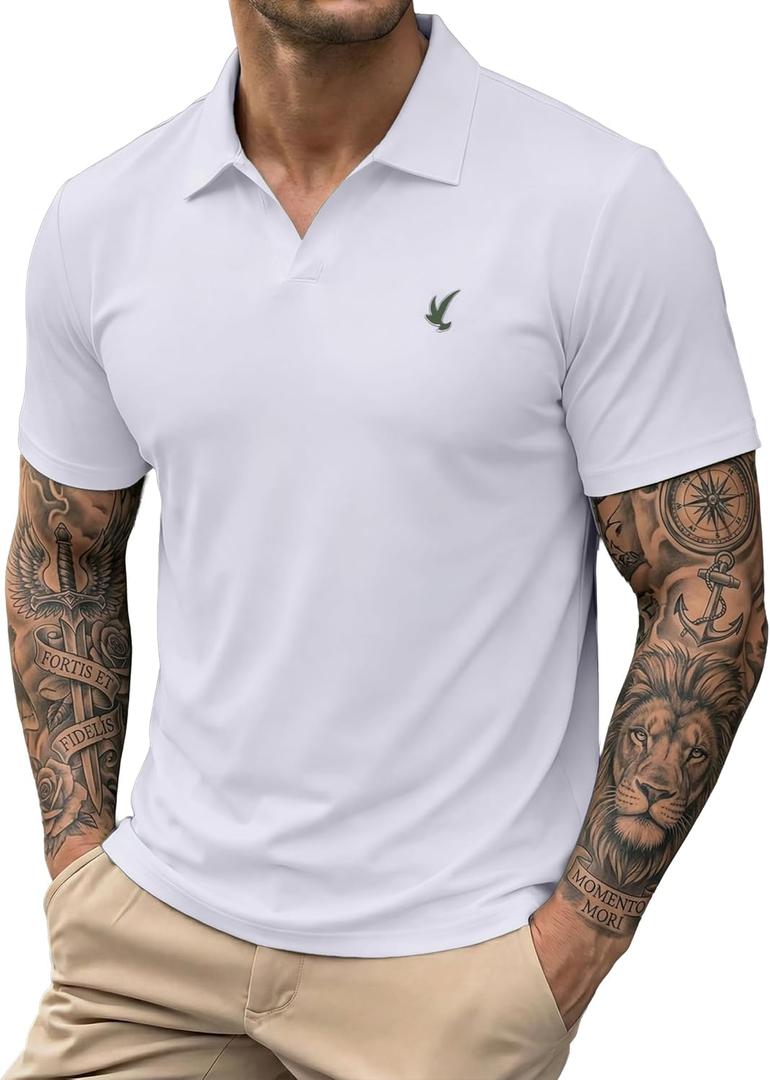 JMIERR Mens Casual Polo Shirt Summer Buttonless Short Sleeve Moisture Wicking Quick Dry Henley Golf Shirts (Small, White)